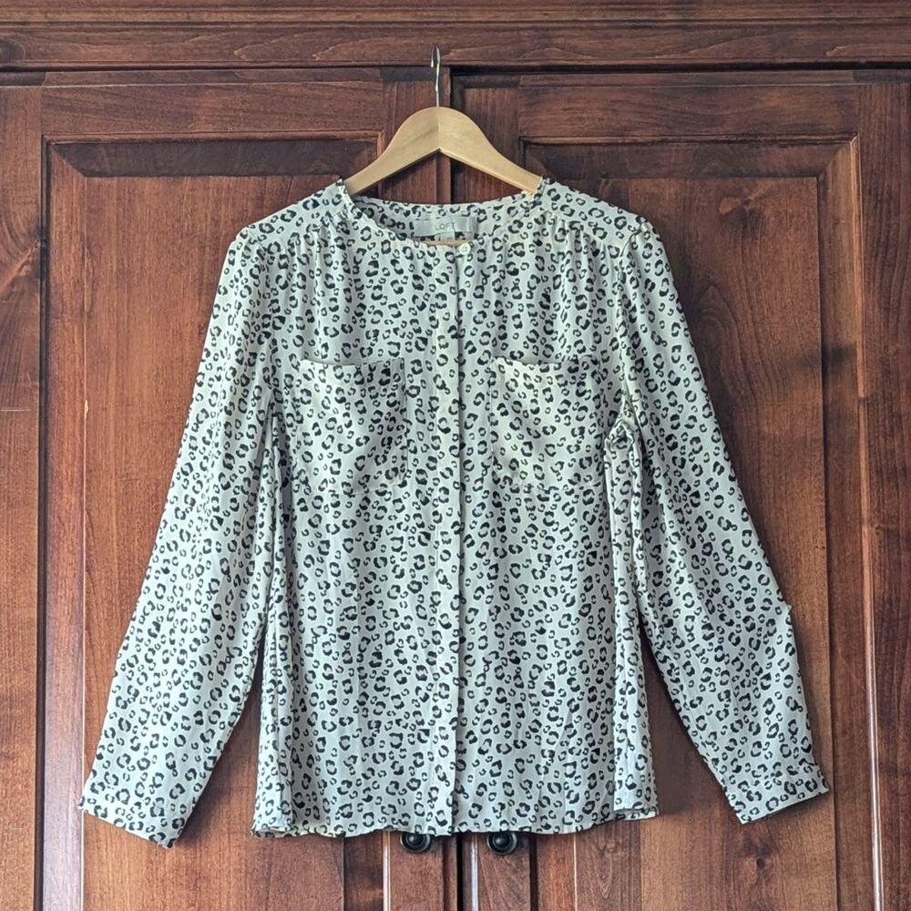 LOFT Leopard Print Collarless Hidden Button Utility Blouse - Size Large